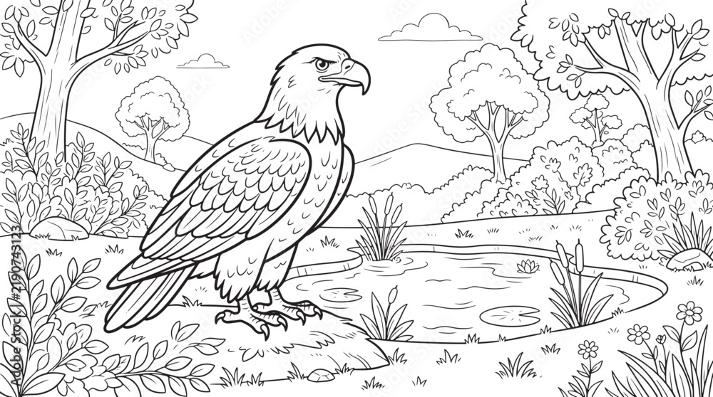 Fototapeta premium Coloring page featuring a bald eagle standing on a grassy riverbank near a pond, surrounded by trees, bushes, flowers, and cattails in a natural landscape also transparent background
