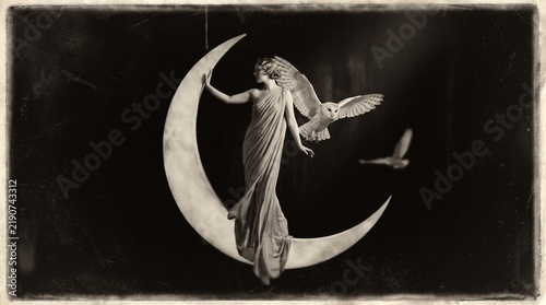 Vintage fantasy collage art. Woman in flowing gown standing on crescent moon with barn owl