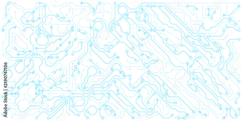 Fototapeta premium Abstract diagonal light blue circuit board traces vector cyan PCB pattern