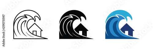 Tsunami wave hitting house disaster icon set representing ocean flood damage, coastal safety hazards, natural catastrophe, emergency warning, and disaster preparedness
