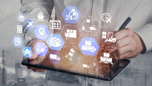 Foto Goods delivery tracking icons show shipping, goods delivery routes, and loFunnelics monitoring