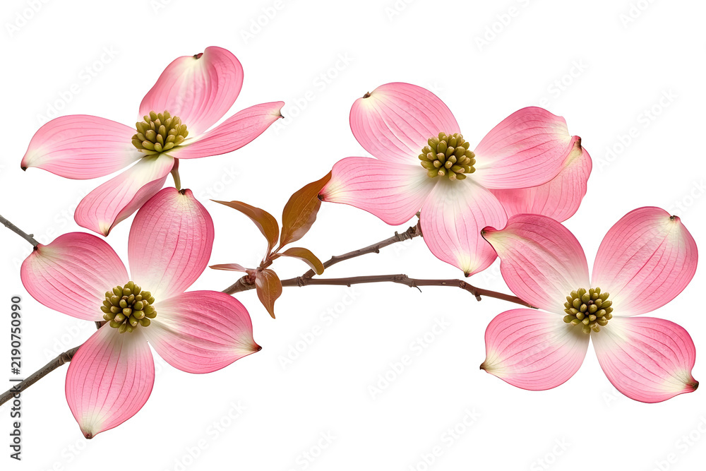 Obraz premium Pink dogwood flowers on branch with green leaves, spring bloom.