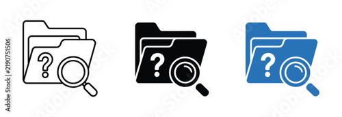 Unknown file search icon featuring folder, question mark, and magnifying glass for missing document discovery, file query, data investigation, research, and digital search