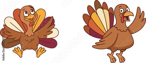 Two cute cartoon turkeys isolated on a white background featuring one sitting and one standing while waving for a fun thanksgiving holiday celebration graphic design