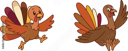 Two cute cartoon turkeys illustrated in a playful style isolated on a white background perfect for thanksgiving holiday designs and festive children themed graphic projects