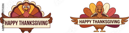 Two decorative thanksgiving labels featuring cartoon turkeys with colorful feathers and rustic banners with the text happy thanksgiving isolated on a clean white background design
