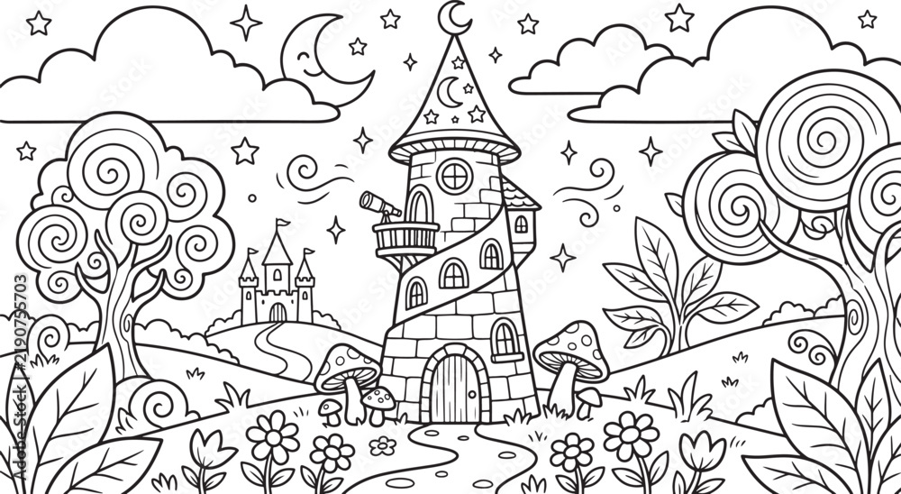 Obraz premium Fantasy coloring page featuring a whimsical stone tower with a telescope, a distant castle, swirling trees, mushrooms, and a smiling crescent moon in a starry night sky also transparent background