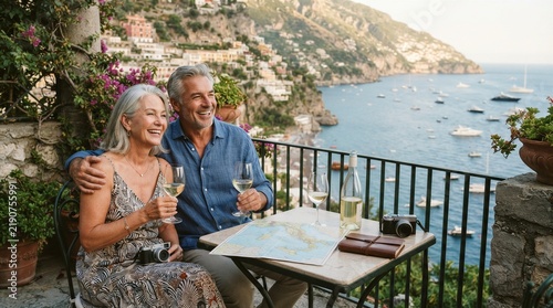 Senior couple enjoying wine on coastal terrace with view