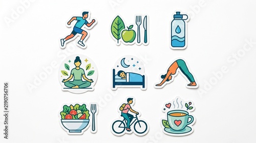 A paper-sticker style illustration of a Healthy lifestyle icons: running, healthy food, water, yoga, sleep, exercise, salad, cycling, and tea. 