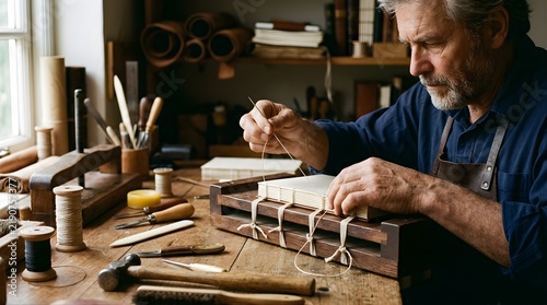 Professional bookbinder stitching pages in a traditional craft workshop