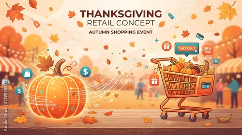Orange retail pumpkin connects to a shopping cart filled with fall icons.