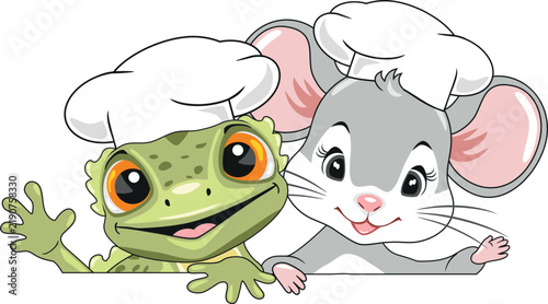 Peeking smiling gecko and little mouse in chef hats. Vector.eps