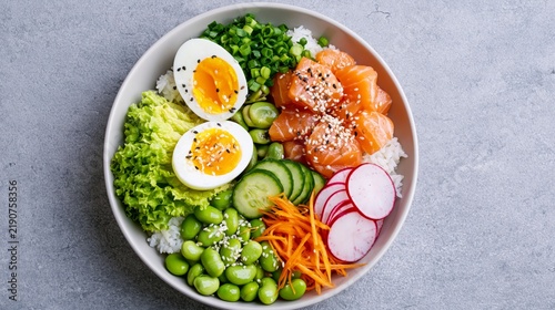 Colorful salmon poke bowl with rice, soft boiled egg, edamame and fresh vegetables photographed from above with copy space