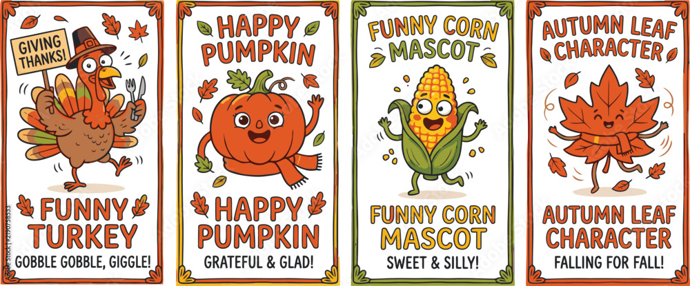 Fototapeta premium Set of autumn harvest themed vertical cards featuring cartoon turkey pumpkin corn and maple leaf characters with holiday greetings