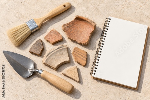 Archaeological tools including a trowel, brush, and notebook arranged with pottery shards on a textured surface for fieldwork or study purposes