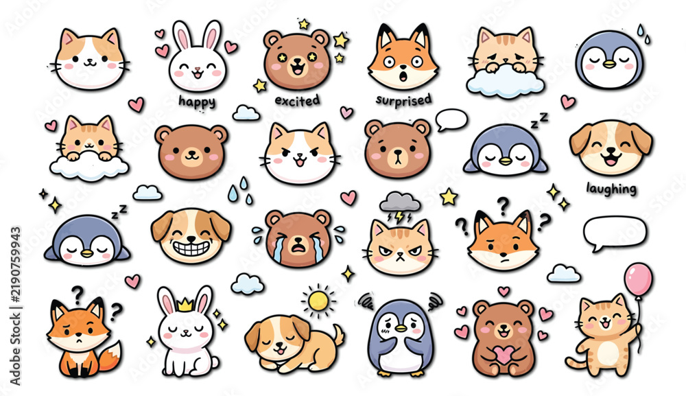 Obraz premium Cute animal stickers vector set with kawaii cats, dogs, bears, foxes, and penguins in various expressions and emotions isolated on white background