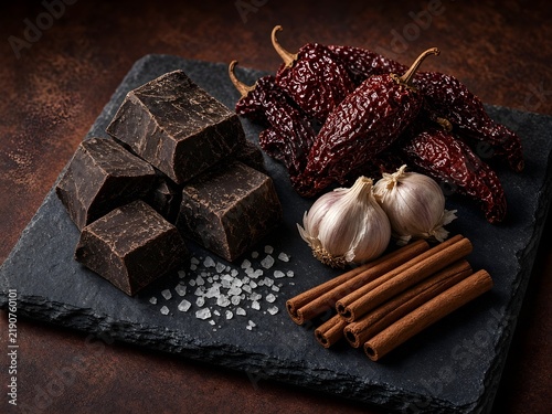 Still Life Dark Cacao Mass Ancho Chilis Cinnamon Sticks And Salt On Slate Slab