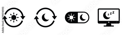 Day night cycle icon set with sun moon toggle, dark light mode and sleep symbols. Editable vector EPS icons.
