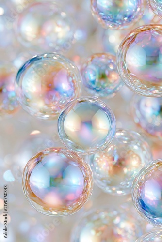 Dreamy transparent bubbles floating in a luminous pastel atmosphere with soft rainbow reflections