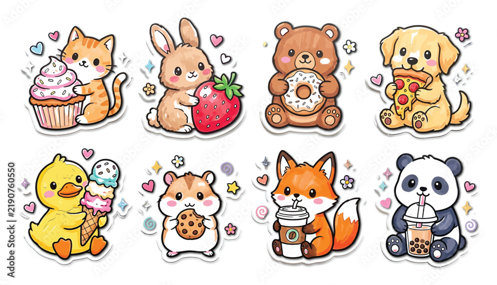 Obraz premium Cute cartoon animals set vector illustration with cat, rabbit, bear, dog, duck, hamster, fox, and panda