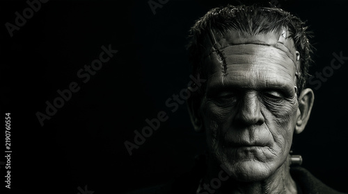 Frankenstein-style monster with gray decaying skin, heavy brow, facial scars and metal stitches across the forehead emerges from deep darkness against a pure black background, Hall