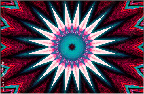 A dynamic starburst pattern radiates from a central point, featuring shades of teal, pink, and red. The image is symmetrical and has a vibrant, optical illusion effect.