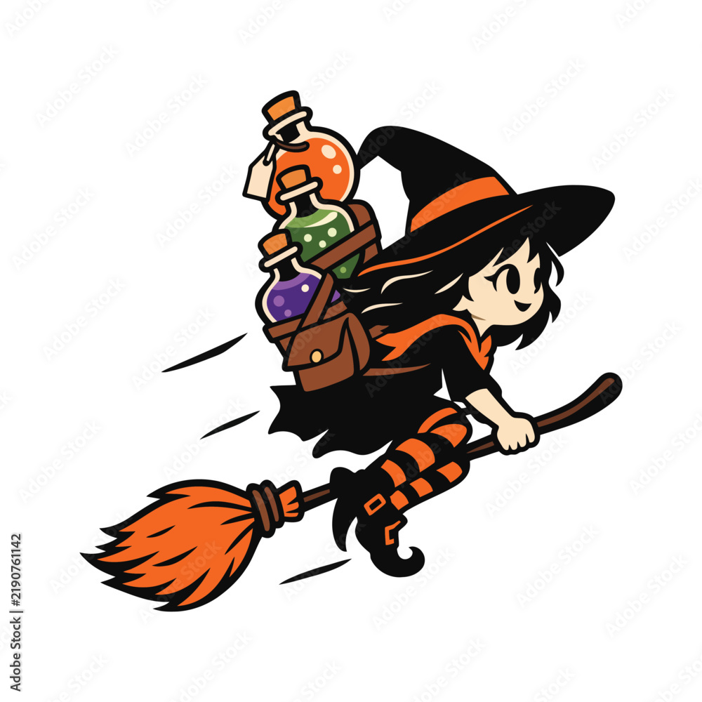 Obraz premium Vector Illustration Featuring a Witch Character with Magic Potions and Halftone Pattern Design