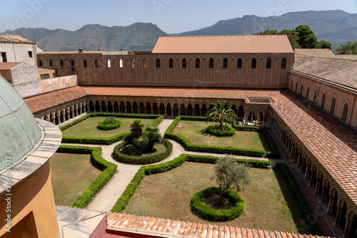 Monreale, Italy - July 18, 2023: High angle view of Monreale Cathedral Cloisters.