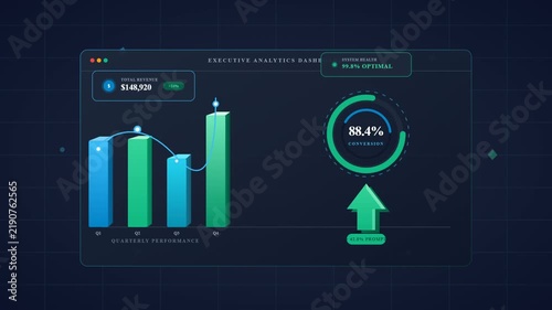 Digital business dashboard with quarterly revenue bar charts and analytics graphs