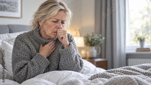 Sick senior elderly woman coughing and feeling unwell with a sore throat.