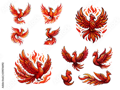 Colorful phoenix illustrations with flames in various poses  
