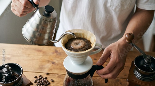 木製テーブルで楽しむ本格的なドリップコーヒー