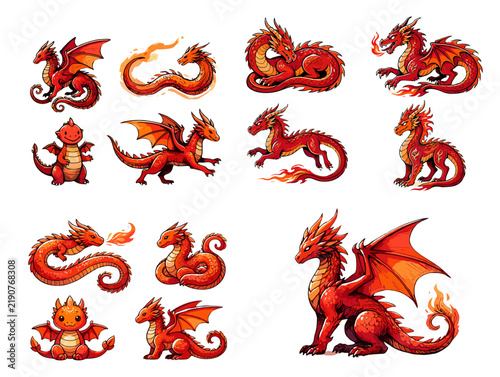 Red dragons in various poses and expressions for fantasy illustration  