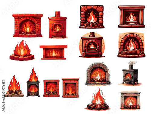 Various illustrated fireplaces and cozy fires in different styles  