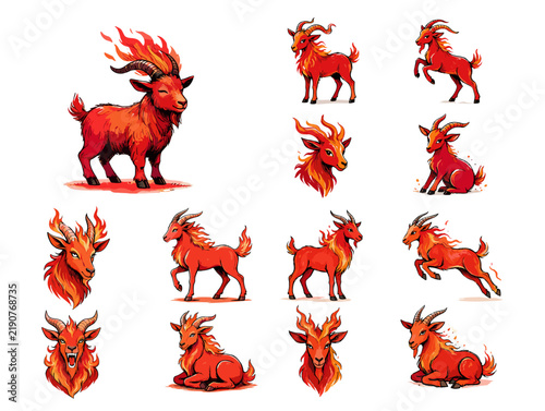 Colorful fire-themed goat illustrations in various poses  