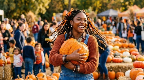 Happy young Black woman holding large pumpkin at vibrant autumn farm festival, laughing at pumpkin patch, seasonal fall celebration and Halloween harvest.