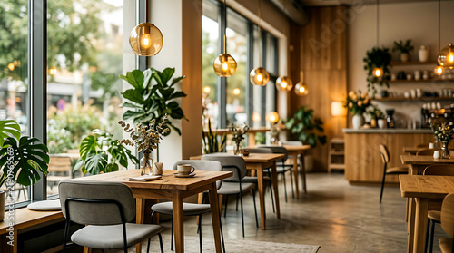 Modern cafe interior features wooden tables plants and warm lighting