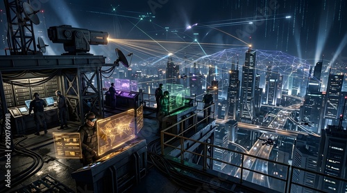 Rooftop command center overlooks a futuristic cityscape with glowing network connections