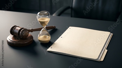 Wooden gavel and hourglass with sand on desk beside folder, representing legal justice and time constraints in court proceedings.