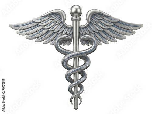 Silver Caduceus Symbol with Blue Accents and Snakes isolated on a transparent background