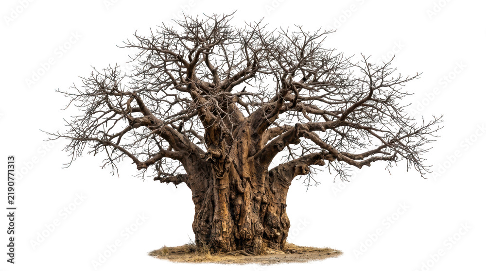 Obraz premium Large leafless baobab tree with thick trunk and intricate branches isolated on transparent background