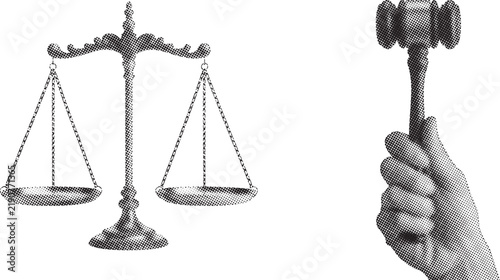 Fotografie Scales of justice and gavel in hand a grayscale halftone illustration on a white