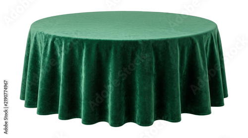 фотографія Round table draped in emerald velvet fabric cloth for premium event dining decor and luxurious weddings