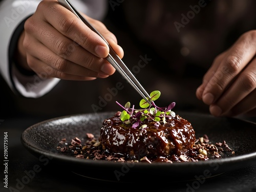 Macro Chef Plating Savory Cacao Glaze With Tweezers Placing Microgreens On Slate