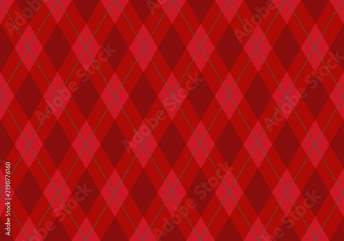 Christmas rhombus seamless pattern, Xmas red plaid texture with gold line and stars. Argyle geometric diamond pattern