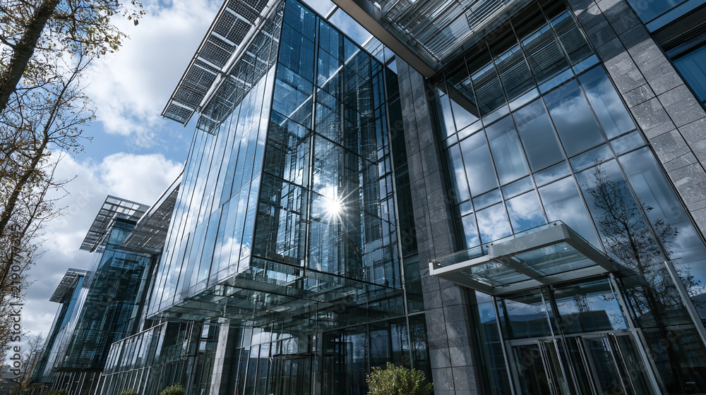 Obraz premium Modern office building with a sleek glass facade reflects the cloudy blue sky under bright sunlight.