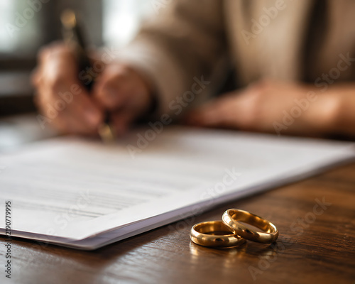 Golden wedding rings rest near a hand signing legal documents on wood