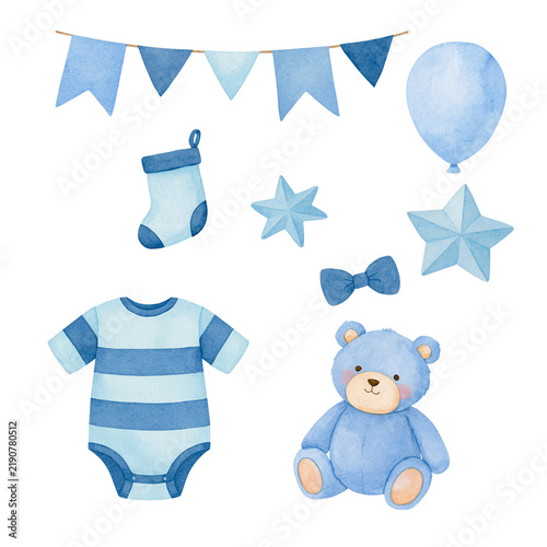 Watercolor blue baby shower clip art elements set