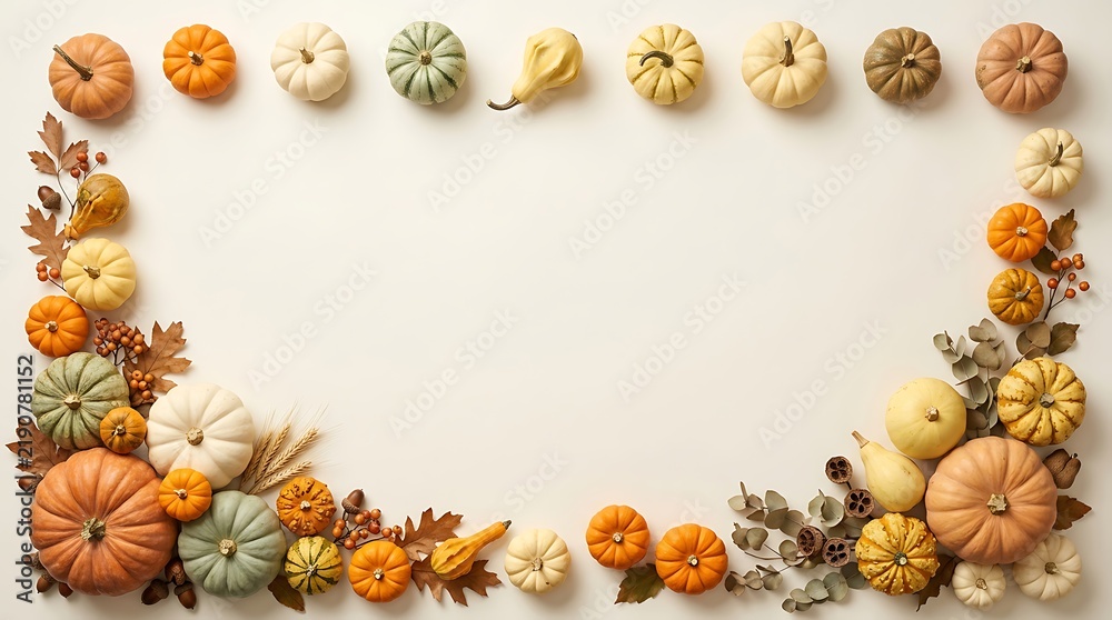 Obraz premium Thanksgiving day border of assorted miniature pumpkins on a neutral background