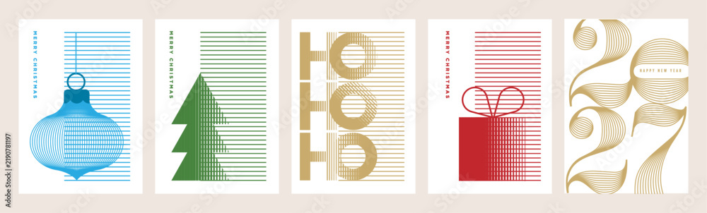 Obraz premium Merry Christmas and Happy New Year greeting cards. Vector illustrations for holiday greeting card, poster, cover, website and social media banner, marketing.